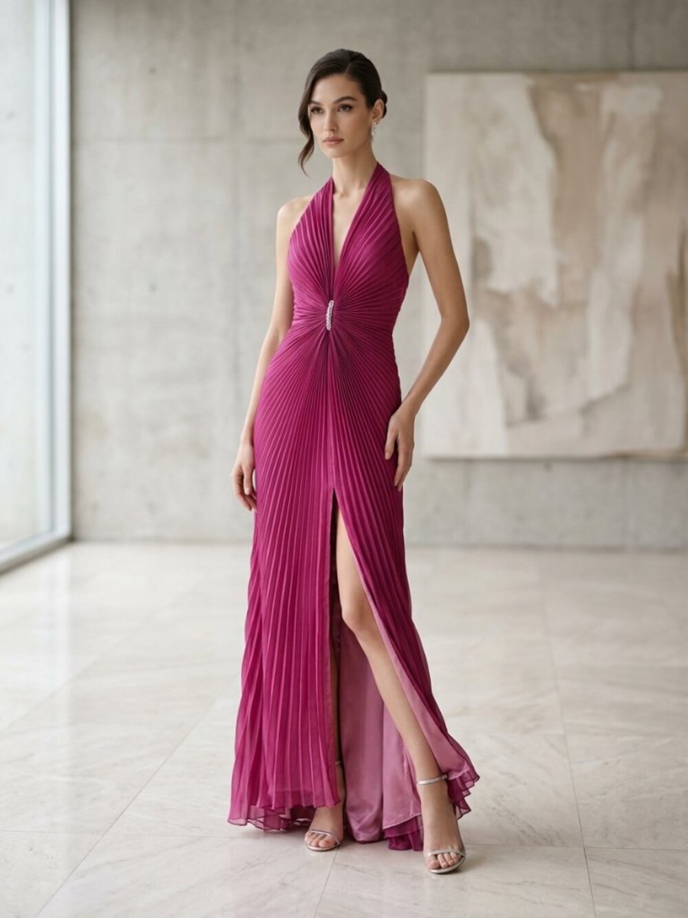 VTG Danza 100% Silk Pleated Halter Maxi Dress Magenta Pink Sz 4 Needs TLC